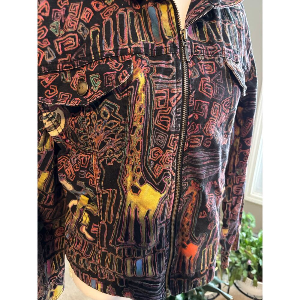 Chicos Giraffe Safari Zip Jacket Sz 1 Wo linen blend southwestern tribal novelty - Picture 3 of 9